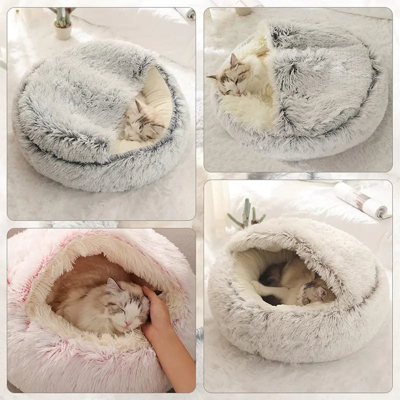Round Plush Pet Cave Bed - Warm Sleeping Nest for Cats & Dogs