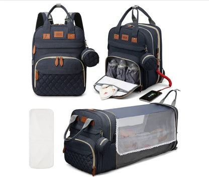 3-in-1 Diaper Bag Backpack with Foldable Baby Bed & USB Charging
