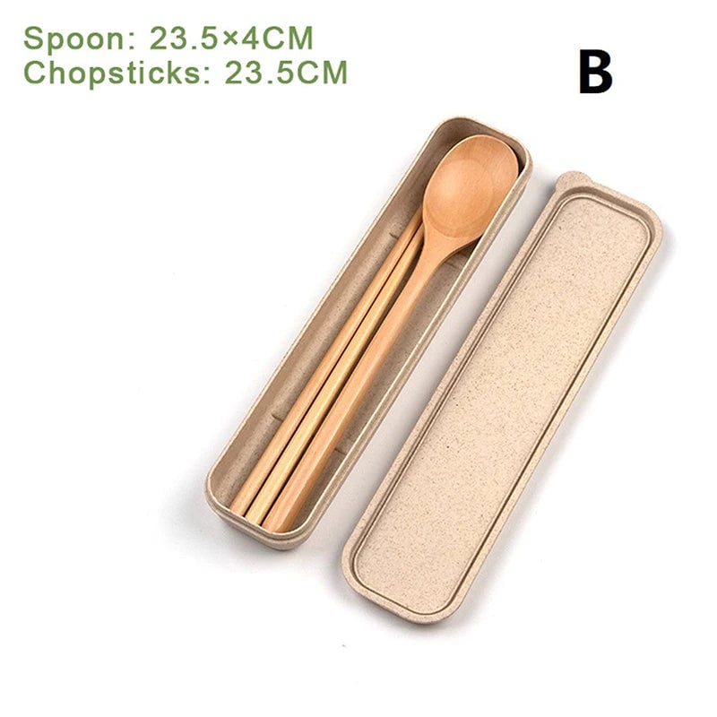 3-Piece Natural Wooden Cutlery Set - Spoon Fork Chopsticks With Box