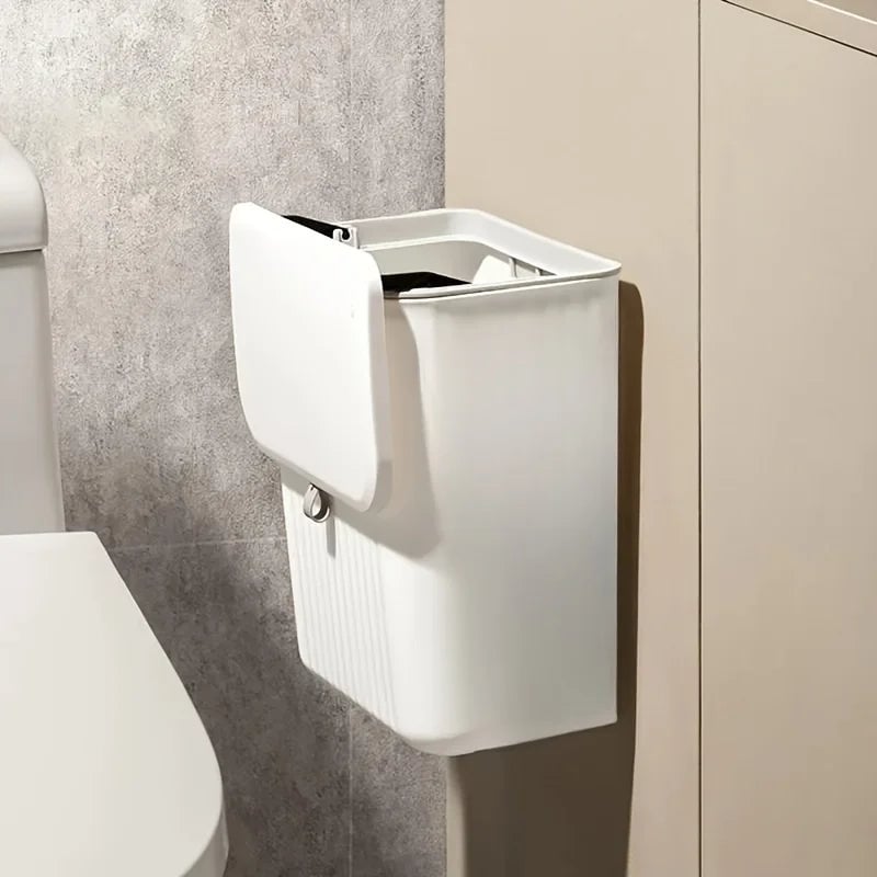 White Wall Mounted Kitchen Trash Bin - Plastic Garbage Storage