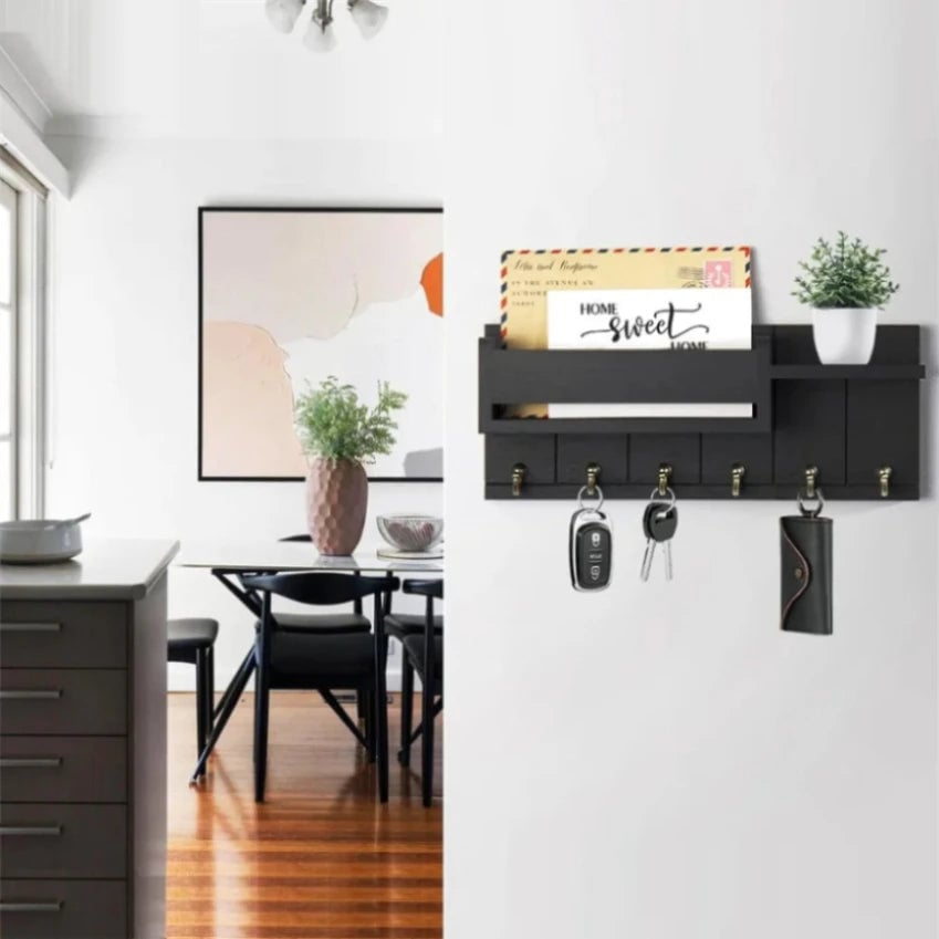 Rustic Wood Entryway Wall Shelf 6 Hook Mail Key Organizer Storage