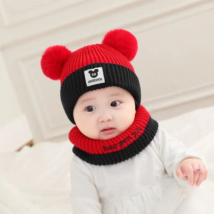 Baby Winter Hat Scarf Set - Bear Ear Knitted Crochet Beanie Cap