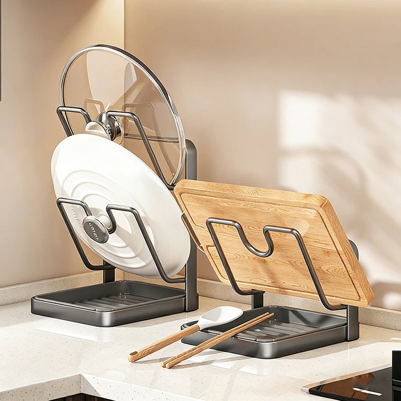 Kitchen Lid Storage Rack with Tray - Pot Lid Holder & Spoon Rest