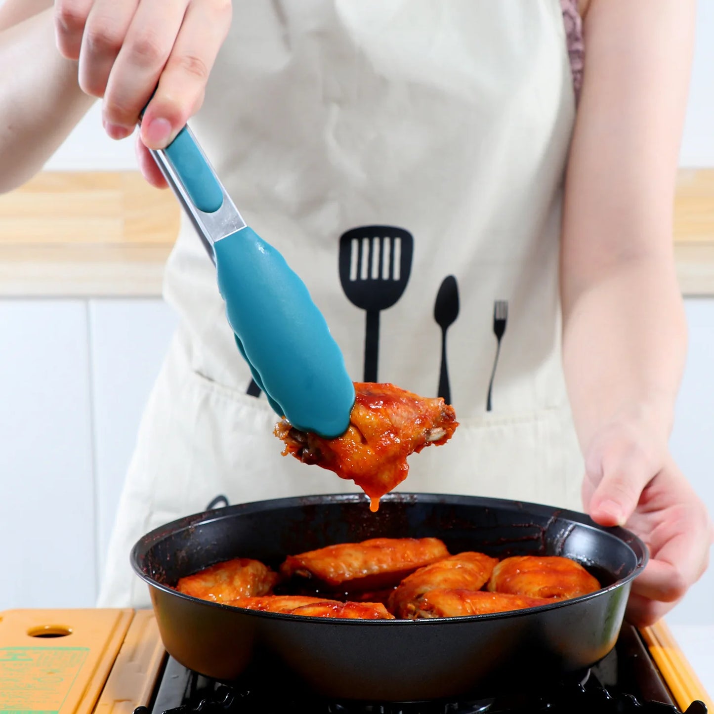 Blue Heat-Resistant Silicone Spatula Spoon with Wooden Handle