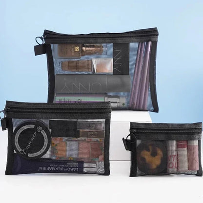 Mesh Clear Cosmetic Bags Set - Black Makeup Travel Organizer Pouch
