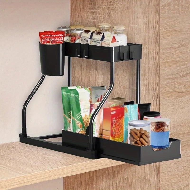 2 Tier Pull Out Under Sink Organizer Cabinet Storage Shelf Hooks