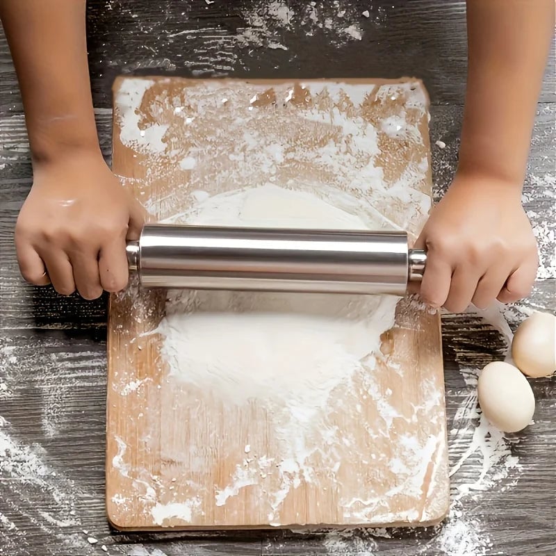 Heavy-Duty Stainless Steel Rolling Pin Anti-Slip Handle Baking