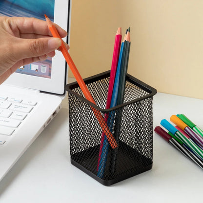 Metal Mesh Pencil Holder Square Round Desk Organizer Pen Cup Case
