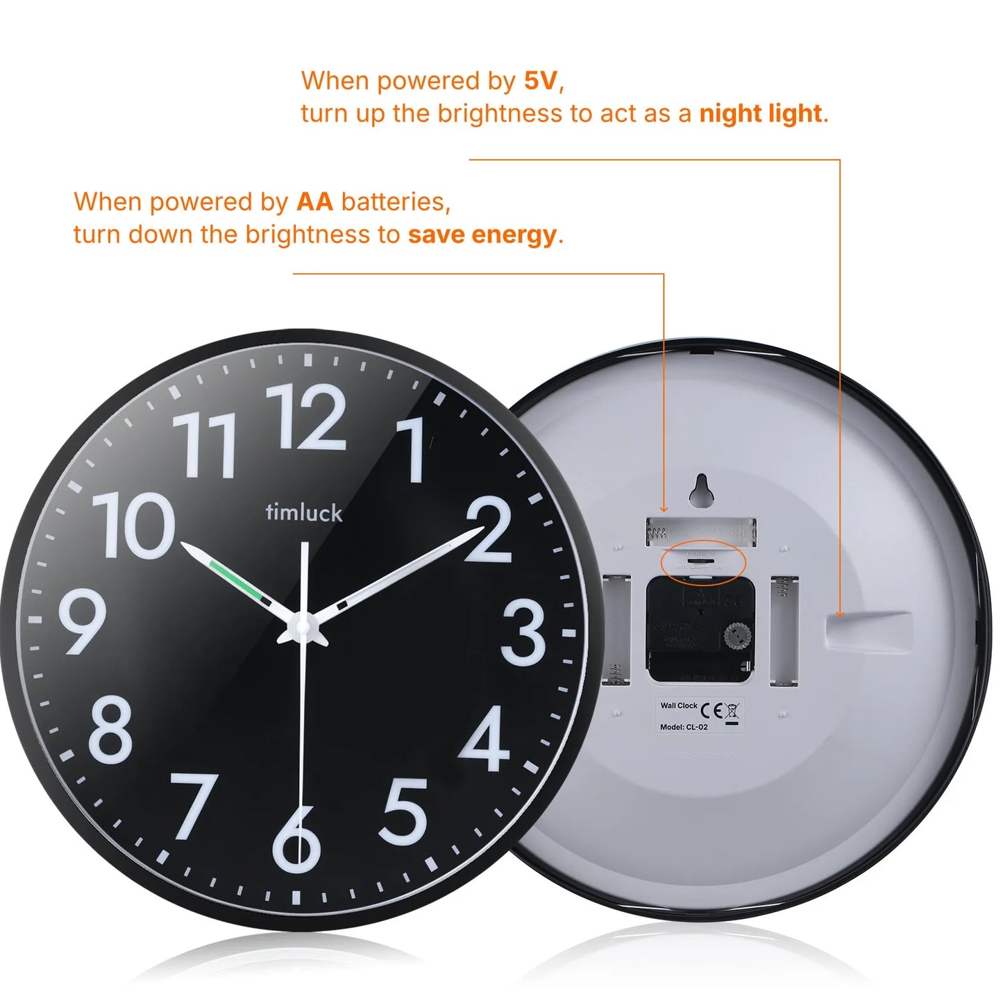 Silent LED Wall Clock Light Sensor Auto-Illuminated Non-Ticking