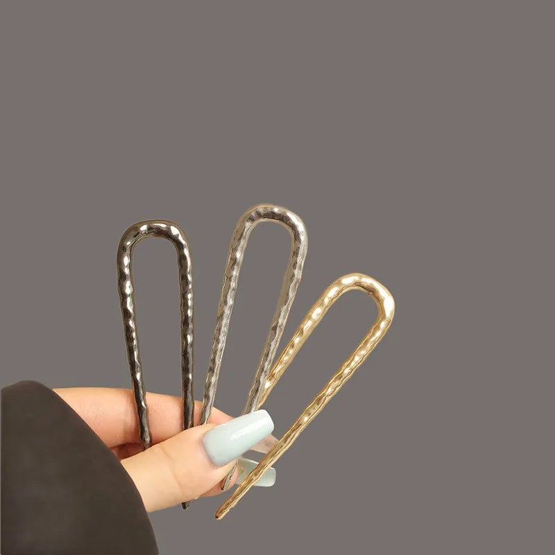Metal Alloy U-Shaped Hair Forks Hammer Pattern Hairpins Women