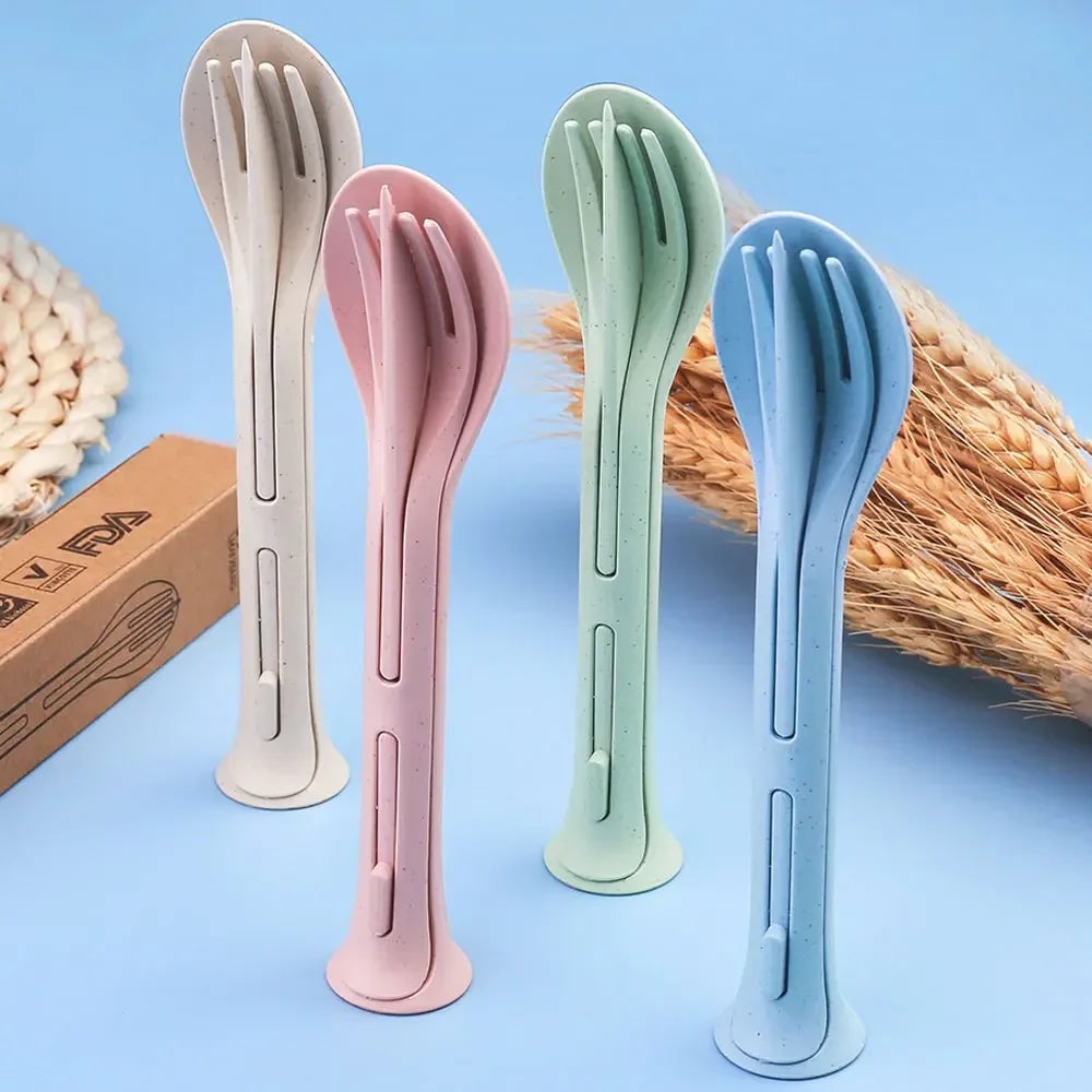 3PCS Wheat Straw Cutlery Set Portable Detachable Travel Camping