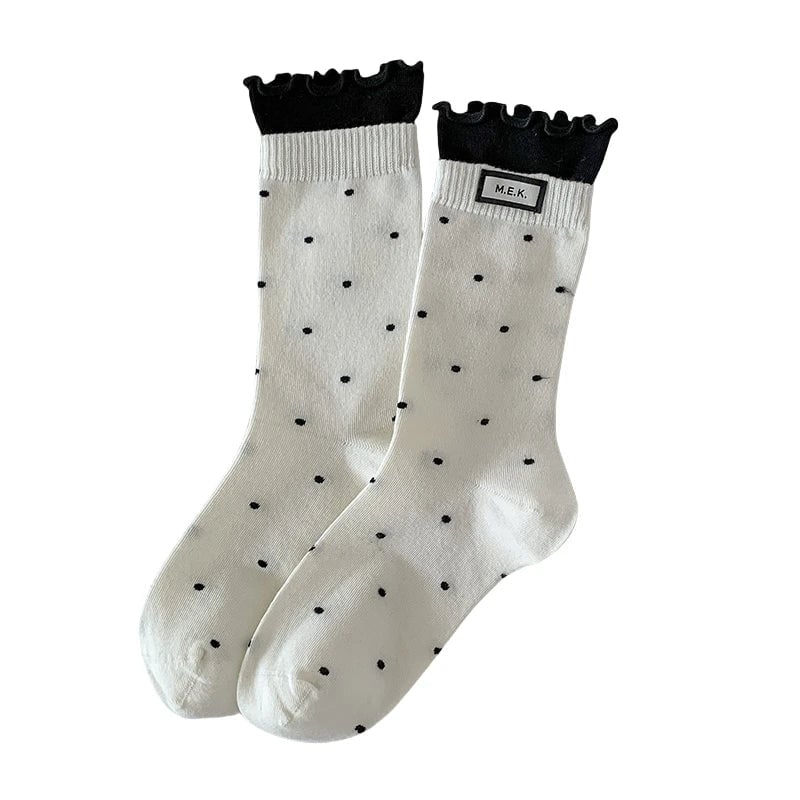Cotton Frilly Dot Pattern Long Socks - Breathable Preppy Style