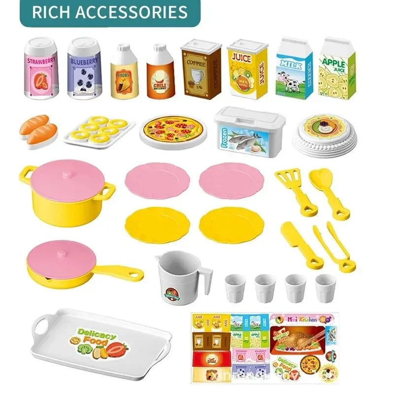 DIY Mini Kitchen Counter Play Set with Cooking Food & Tableware Toys