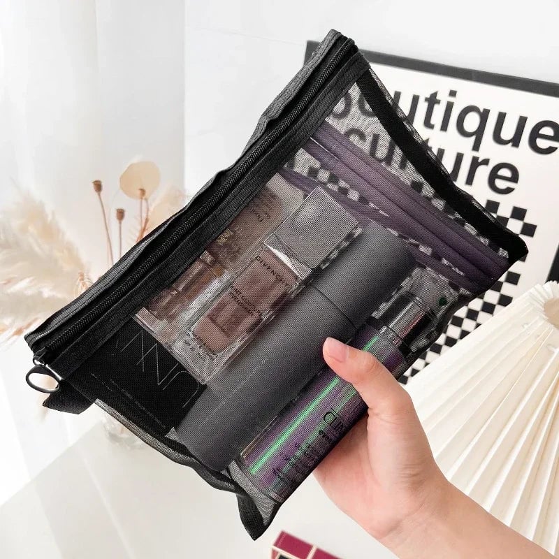 Mesh Clear Cosmetic Bags Set - Black Makeup Travel Organizer Pouch