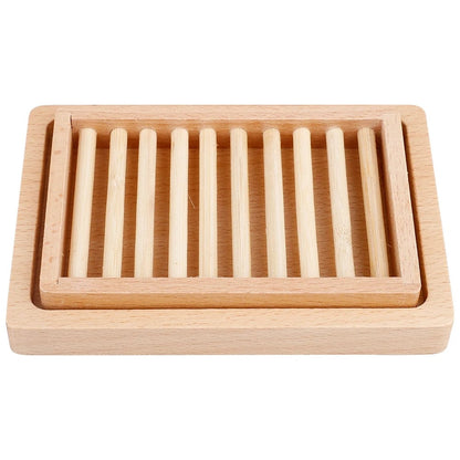 Two Tier Wooden Soap Dish Holder 14x10x2.5cm Bathroom Storage Tray