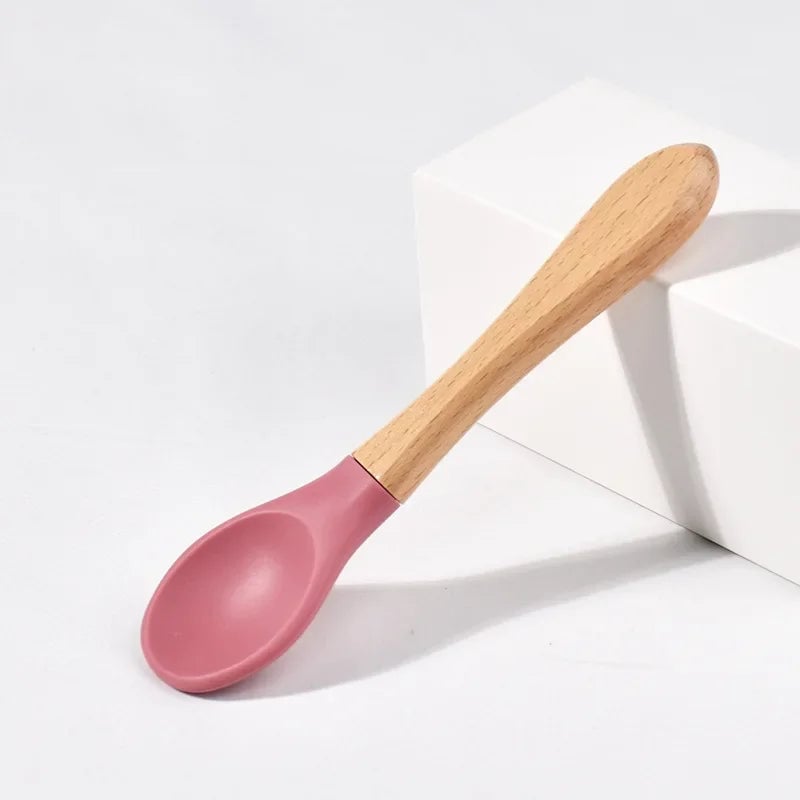 BPA Free Silicone Baby Spoon Fork Set - Wooden Handle Feeding