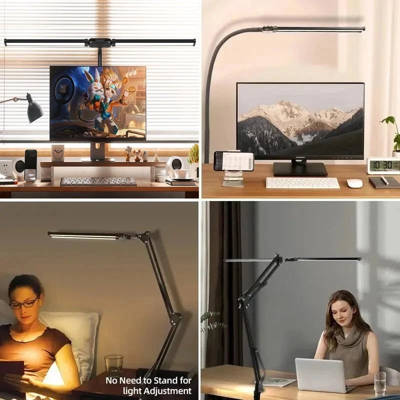 LED Clamp Desk Lamp Dimmable Double Head Eye-Care Office Reading