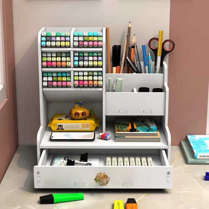 Wooden Desktop Organizer with Shelves - Multi-Compartment Pen Holder