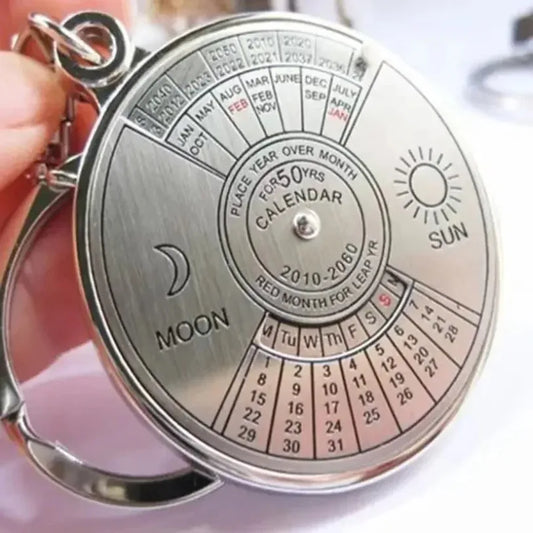 50-Year Perpetual Calendar Keychain - Silver Metal Alloy Multifunctional
