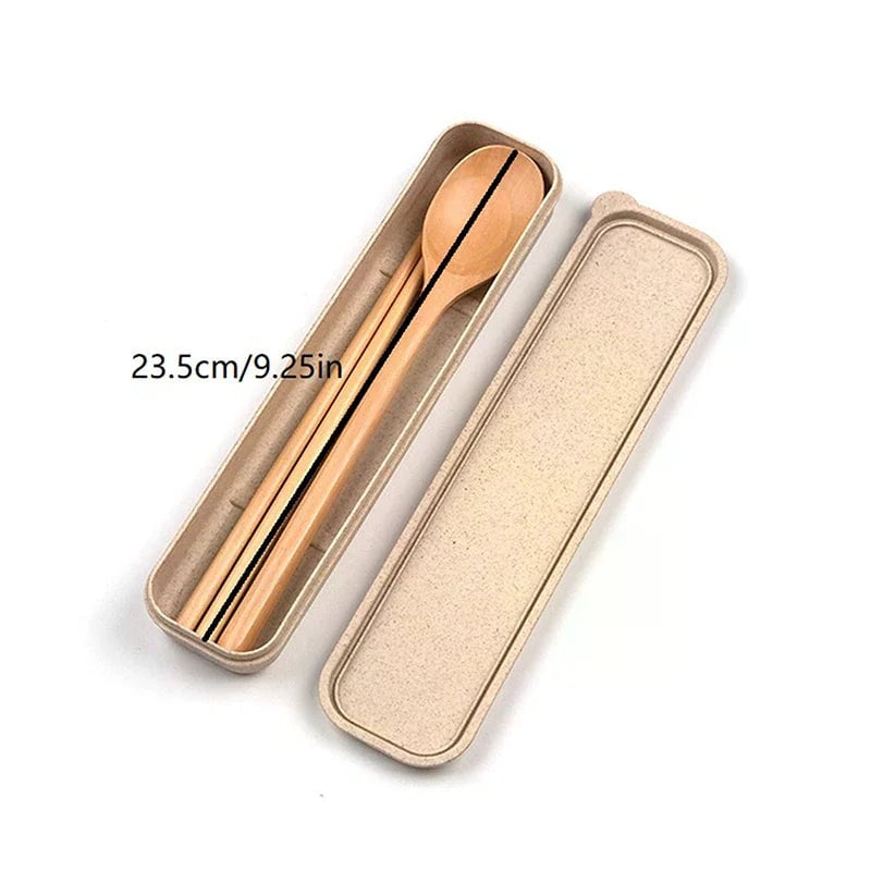 3-Piece Natural Wooden Cutlery Set - Spoon Fork Chopsticks With Box