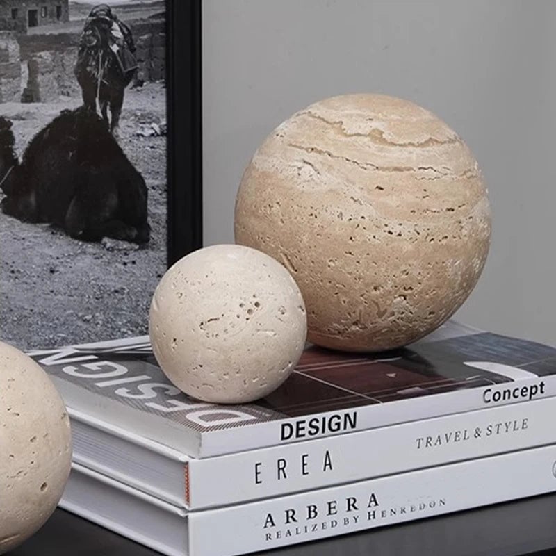 Natural Travertine Marble Sphere - Wabi Sabi Stone Ball Decor