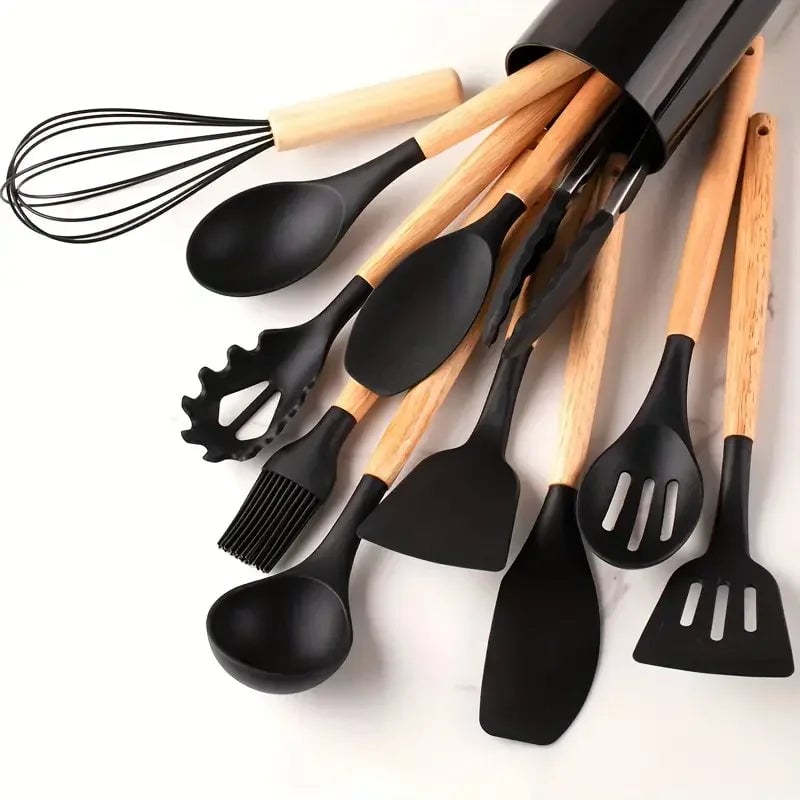 12-Piece Silicone Kitchen Utensils Set with Wooden Handles