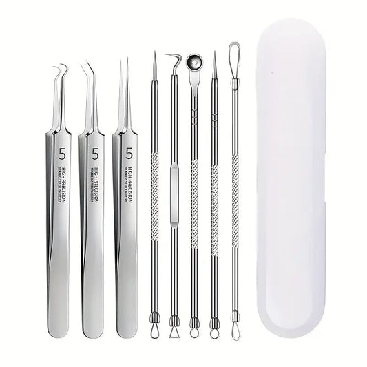 8-Piece Stainless Steel Acne Extraction Tool Kit - Professional