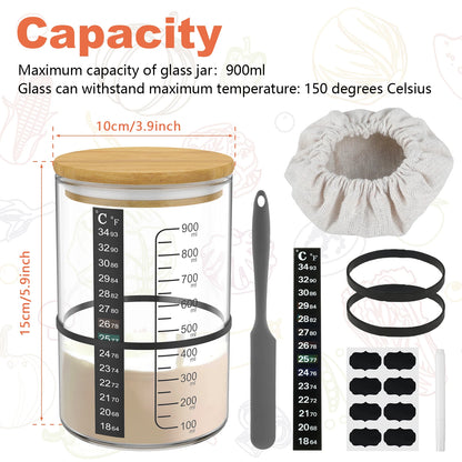 Glass Sourdough Starter Jar Kit - Fermentation Container with Lid