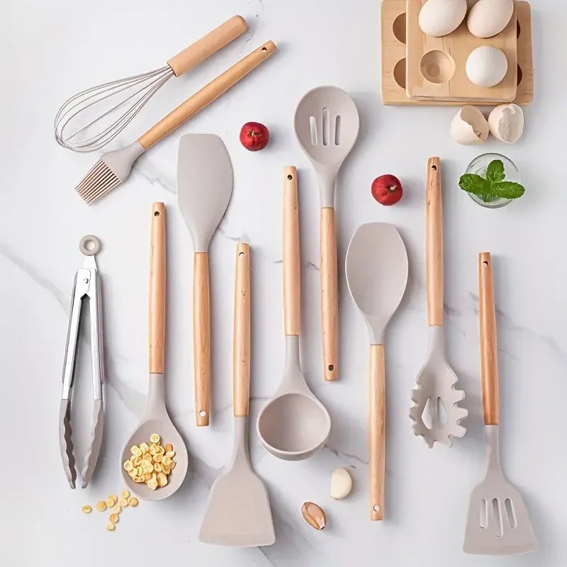 12-Piece Silicone Kitchen Utensils Set with Wooden Handles