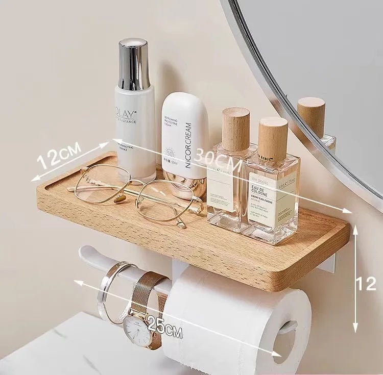 Beech Wood Toilet Paper Holder with Phone Storage Bathroom Organizer