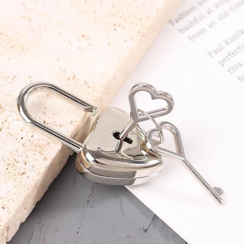 Silver Heart Mini Padlock with Key - Travel Luggage Jewelry Lock