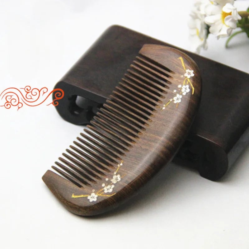 Natural Sandalwood Massage Hair Comb - Gold Plum Branch Design