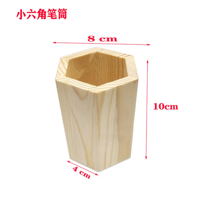 Wood Pencil Holder Desk Organiser Square Round Hexagon Pen Pot Cup
