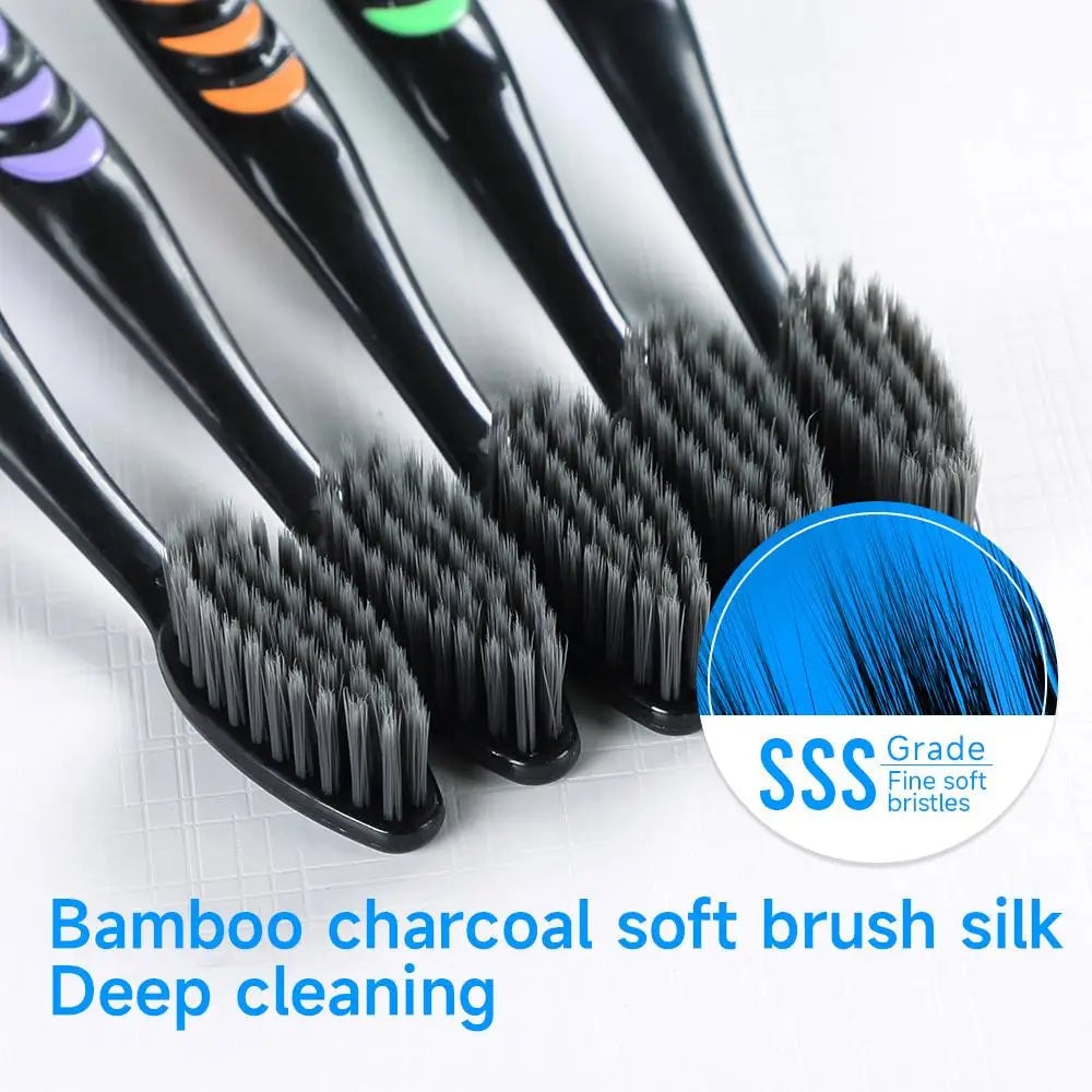 10 Pack Bamboo Charcoal Soft Bristle Toothbrushes for Family Travel