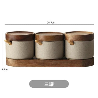 Round Ceramic Spice Jar with Wooden Lid - Salt Pepper Storage
