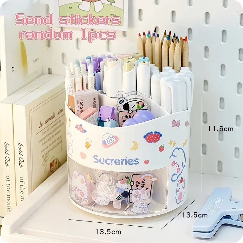 Rotating Desktop Pen Holder with Drawer - Kawaii Stationery Organizer