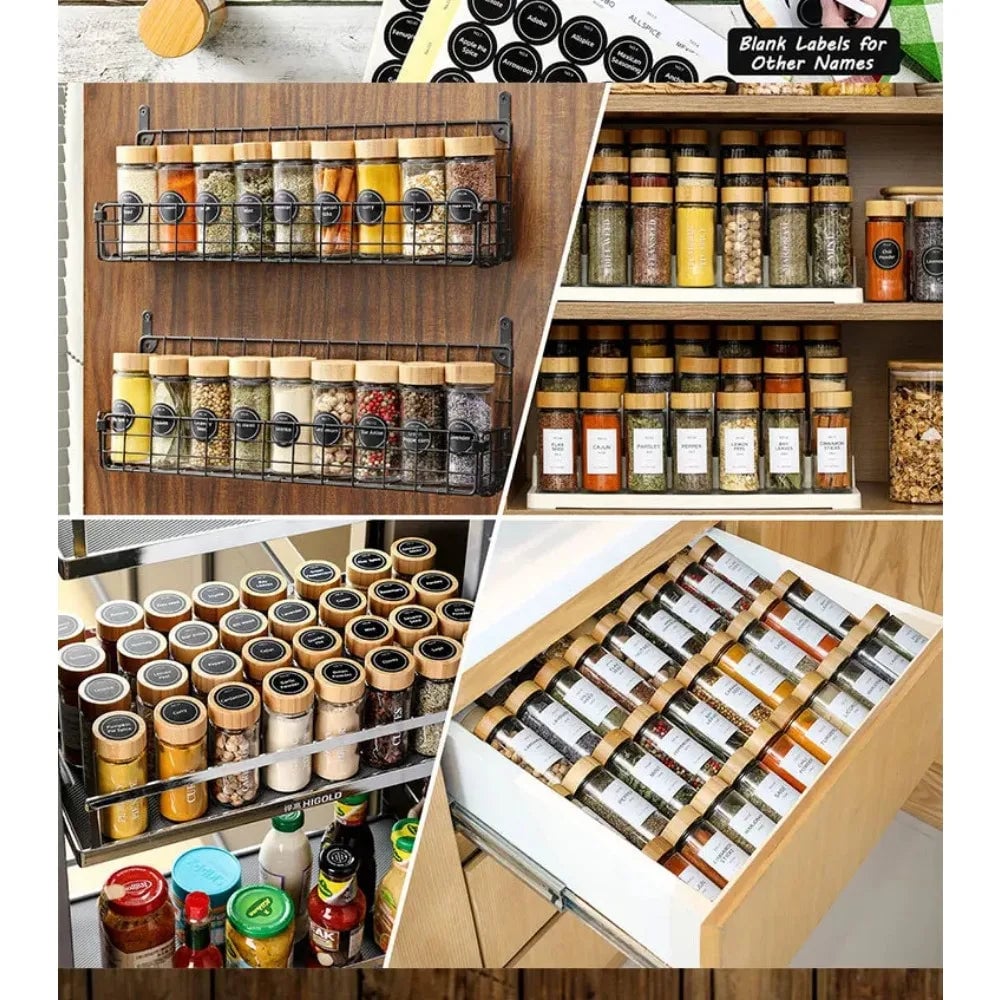 12pc Glass Spice Jars with Bamboo Lids, Labels & Collapsible Funnel
