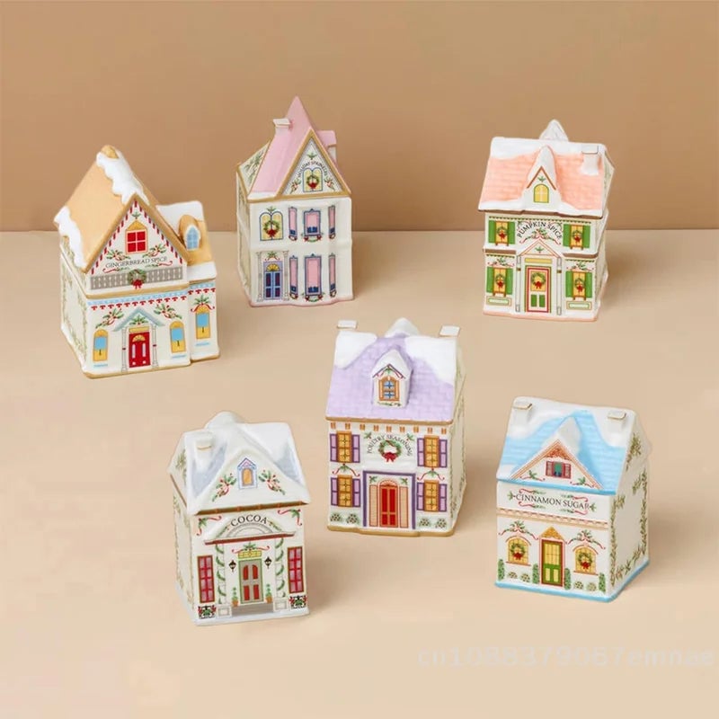 Mini Gingerbread House Spice Jar Set Holiday Village Kitchen Decor