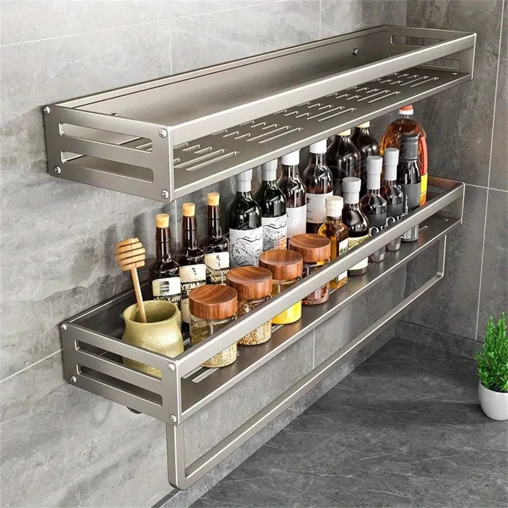 Aluminum Wall-Mounted Spice Rack with Hooks - Kitchen Storage Shelf