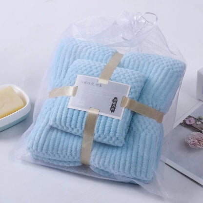Lucky Grid Coral Fleece Bath Towel Set - Quick-Dry Absorbent