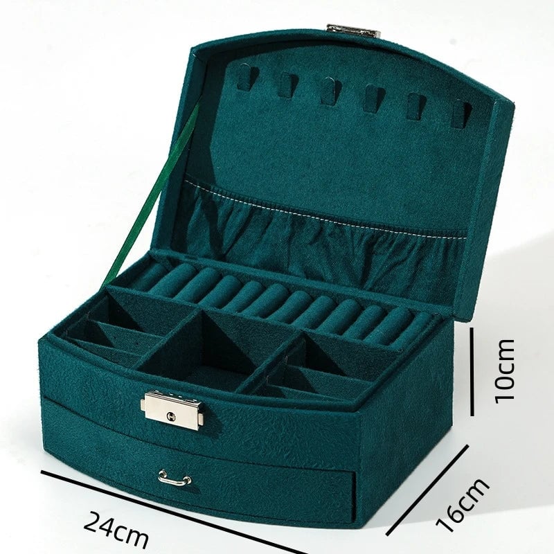 Green Velvet Jewelry Box Double Lock Large Capacity Vintage Style