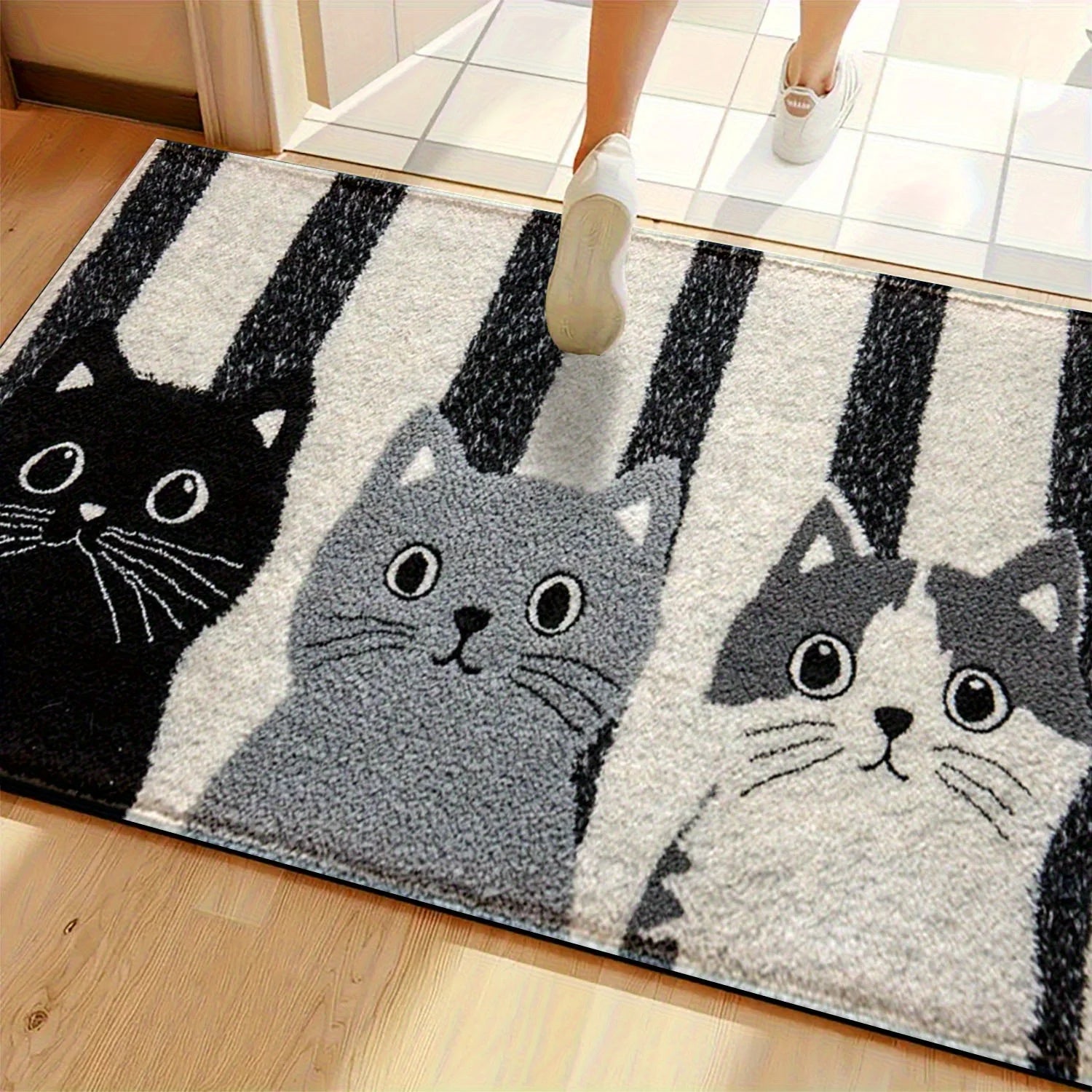 Waterproof Striped Cat Cartoon Doormat - Soft Non-Slip Floor Rug