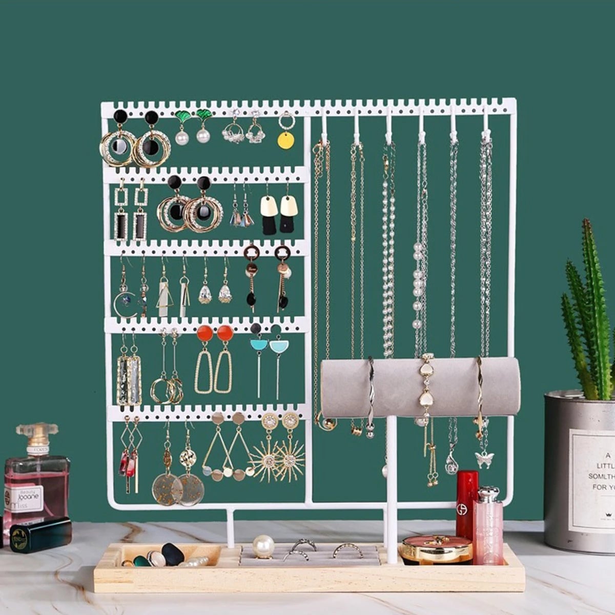 Metal Jewelry Organizer Stand with Wooden Tray - Multi-Functional