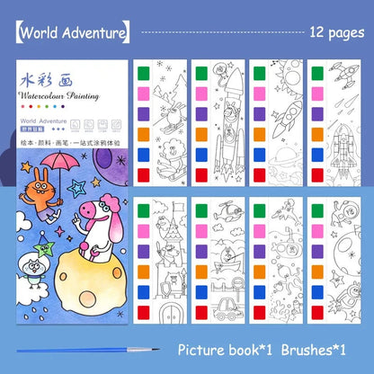 12-Sheet Portable Watercolor Book with Brush - Kids Art Set
