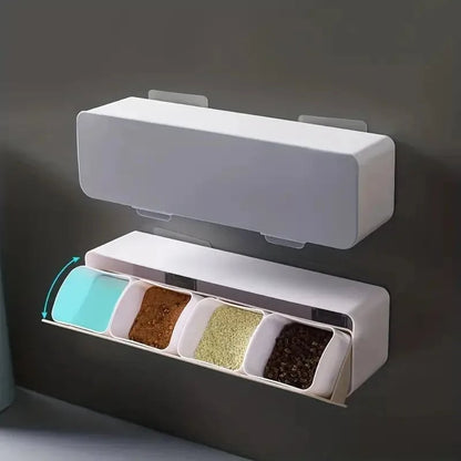 4 Grid Wall Mounted Spice Box Set - Salt Pepper Seasoning Storage