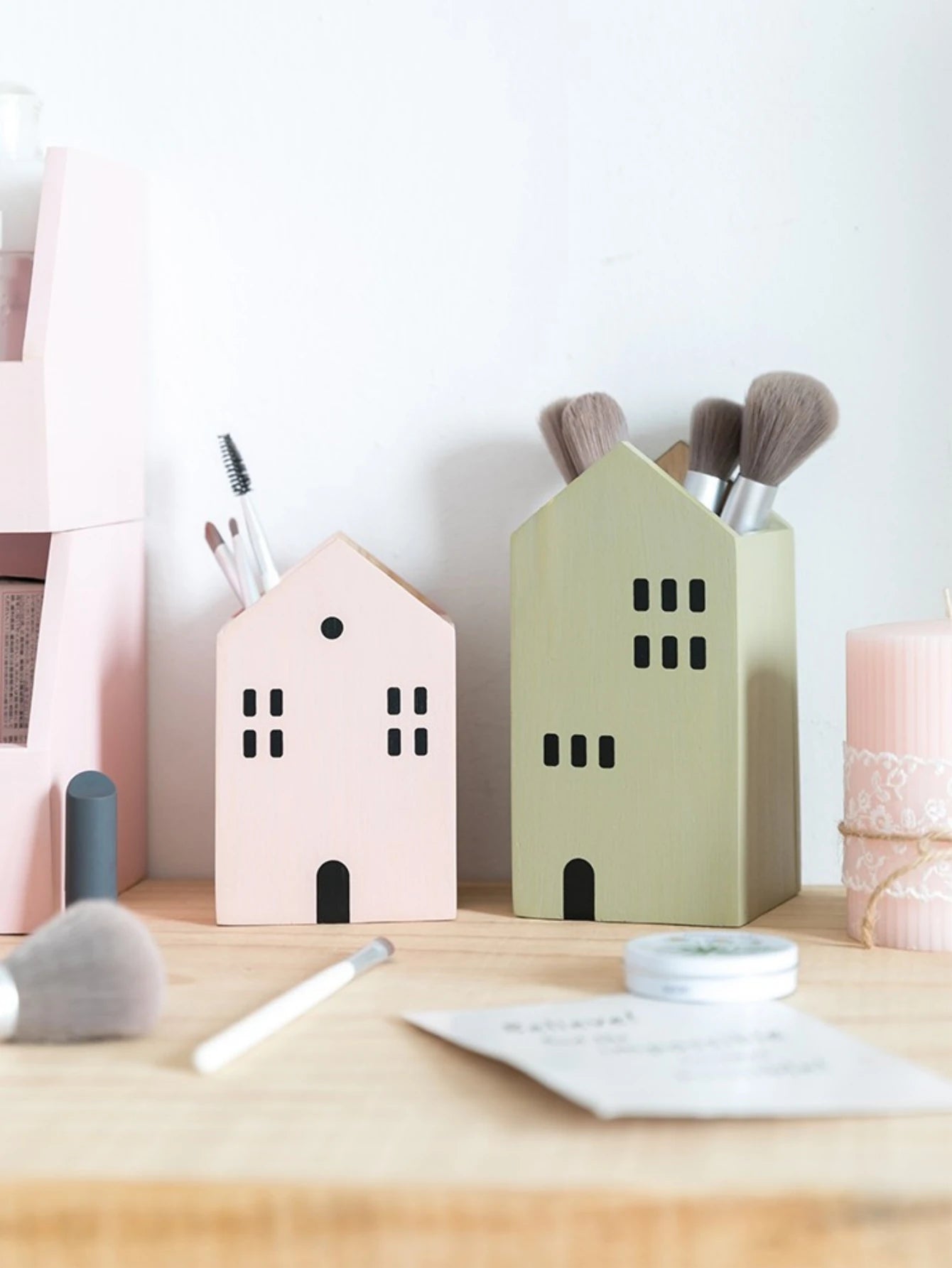 Cartoon House Wooden Pen Holder Desktop Storage Organiser Container