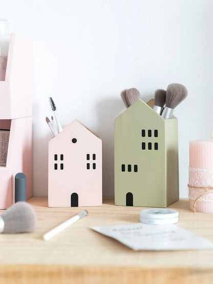 Cartoon House Wooden Pen Holder Desktop Storage Organiser Container