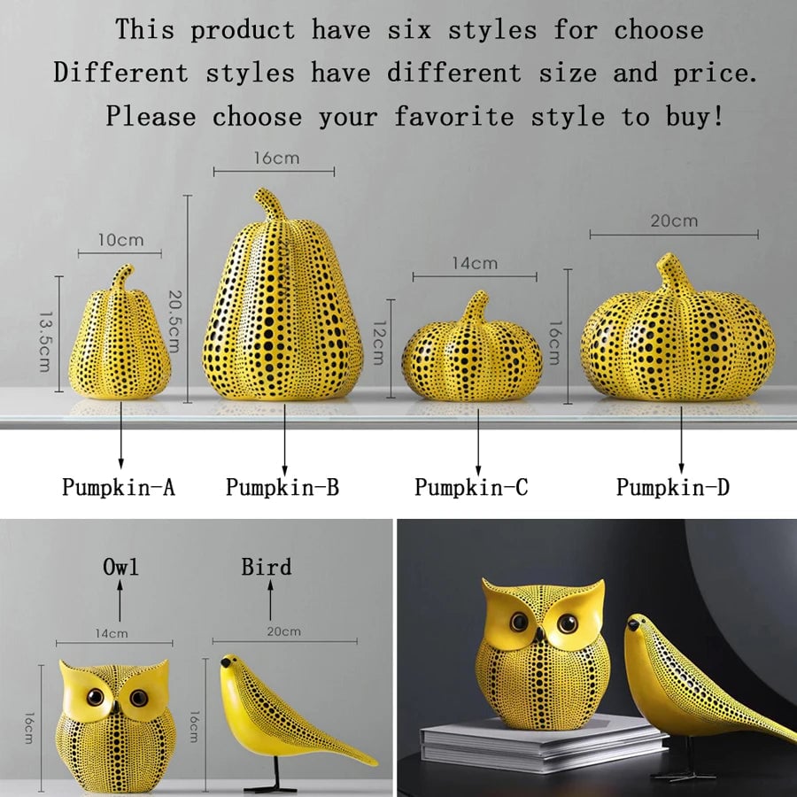 Yellow Wave Point Owl Pumpkin Figurine - Bird Statue Ornament Decor