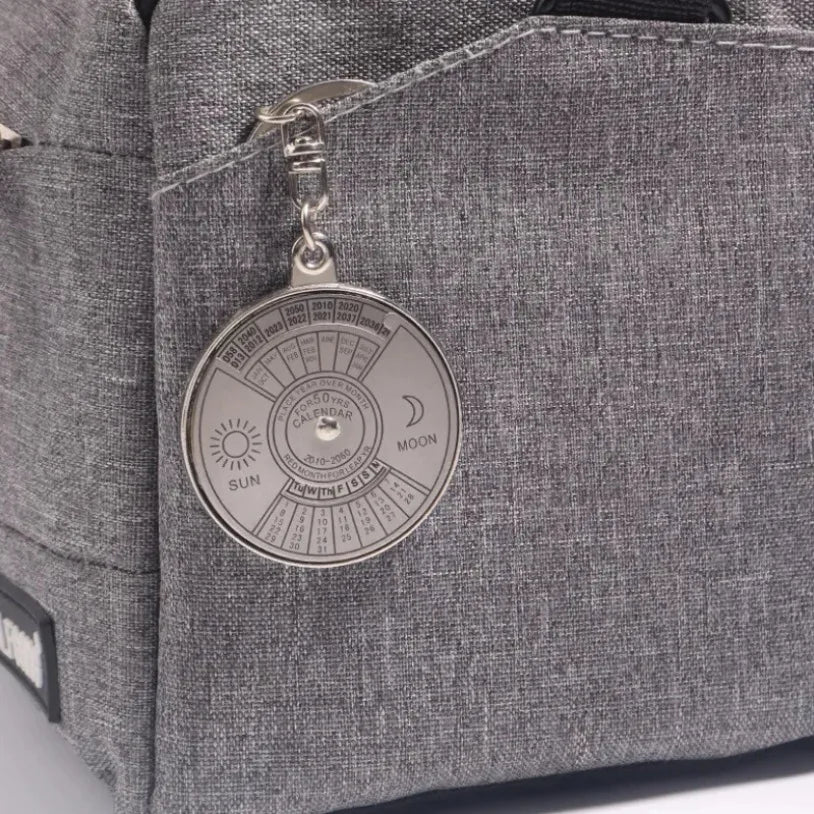 50-Year Perpetual Calendar Keychain - Silver Metal Alloy Multifunctional