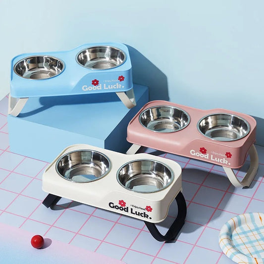 Stainless Steel Double Bowl Elevated Pet Feeder Non-Slip Foldable